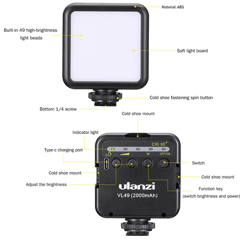 Mini LED lumière vidéo 2000mAh CRI 95 + 5500K